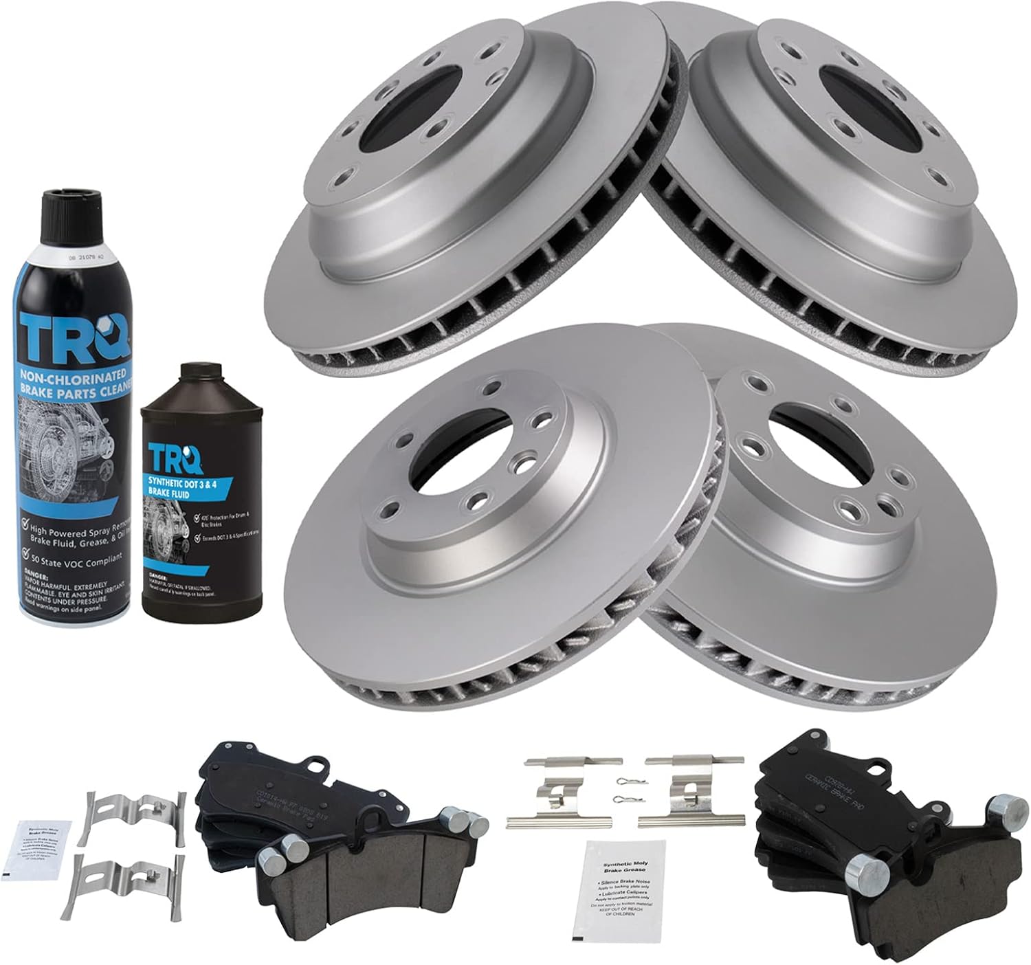 TRQ Front and Rear Brake Pad & Rotor Kit Brake Chemical Kit Brake Pads Brake Rotor Ceramic Premium G-Coated Compatible with 2007-2015 Audi Q7 2003-2010 Porsche Cayenne 2004-2008 Volkswagen Touareg