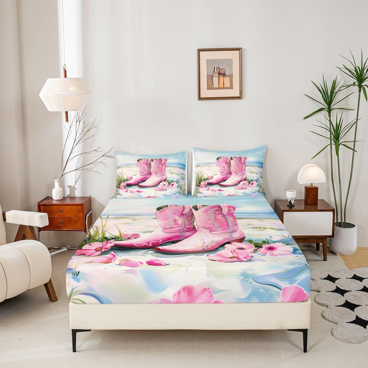 jejeloiu Western 3 Pieces Sheet with 16" Deep Pockets for Kids Boys Girls Wild West Cowboy Bedding Twin Size Shoes Flroal Bed Sheets Set Bedroom Decor Pink Blue