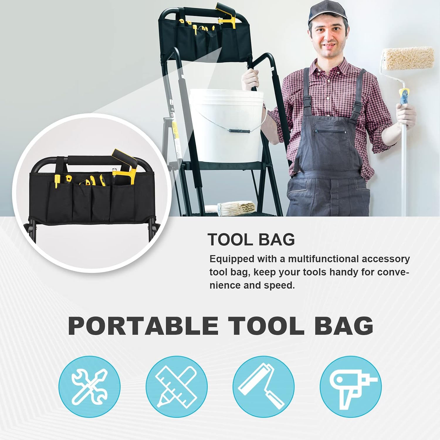 HBTower 4 Step Ladder with Handrails, Folding Step Stool with Attachable Tool Bag & Anti-Slip Wide Pedal for Home Kitchen Pantry Office, 330lbs Capacity