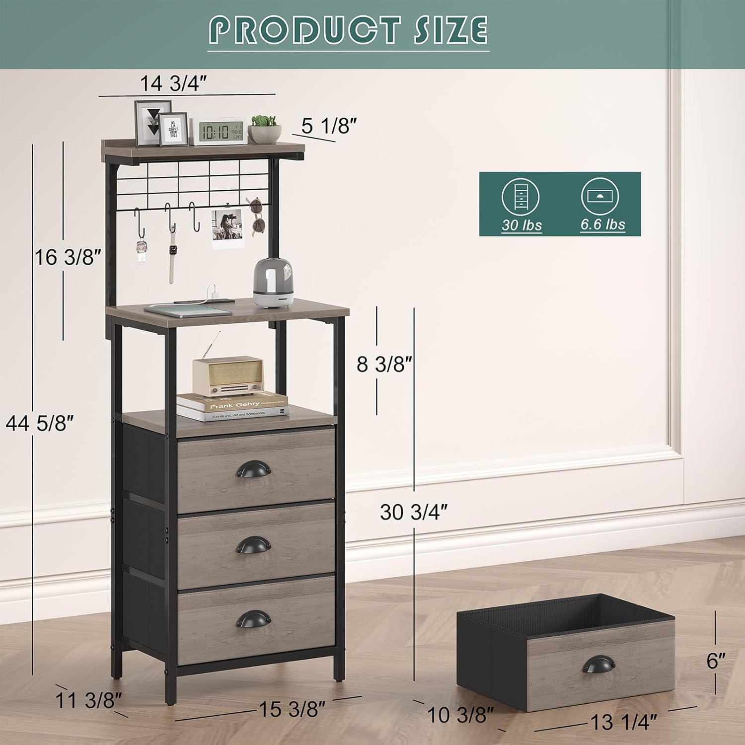 Bedside Tall Nightstands with Charging Station, LED Bedside Table for Bedroom - 3 PU Fabric Drawers, Hooks, USB/Type-C Ports & Open Bedside Shelves, Grey