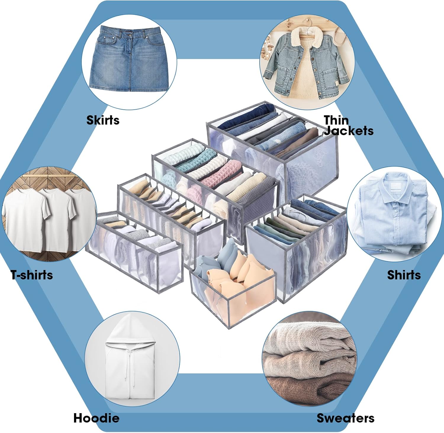 14 Pcs 6 Different Sizes Upgraded Wardrobe Clothes Organizer Jeans Organizer for Closet Foldable Pants Storage with Compartments Divided Sweater Boxes for Closet Shirts Underwear Socks Bra Bins, Gray