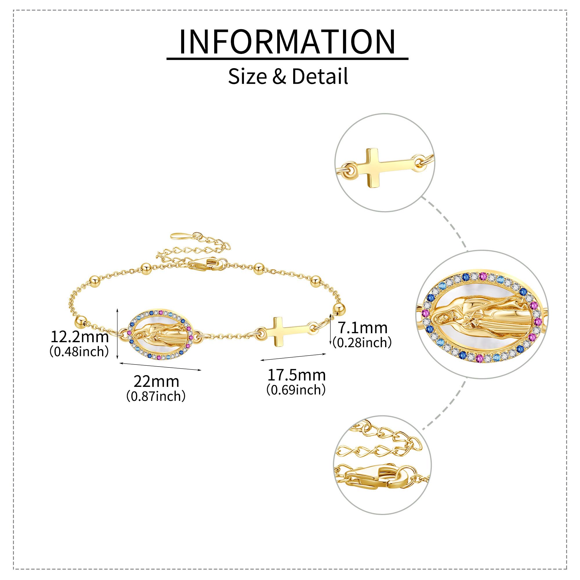 URONE Armband mit der Jungfrau Maria aus Sterlingsilber Rosenkranzperlen Kreuzanhänger Armband „Virgen de Guadalupe“ Christlicher Schmuck Geschenke für Damen
