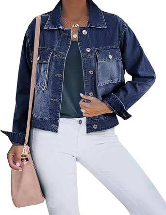 Women's Jean Denim Jacket Classic Trucker Shacket Button Up Frayed Cropped Loose Coats 6562734