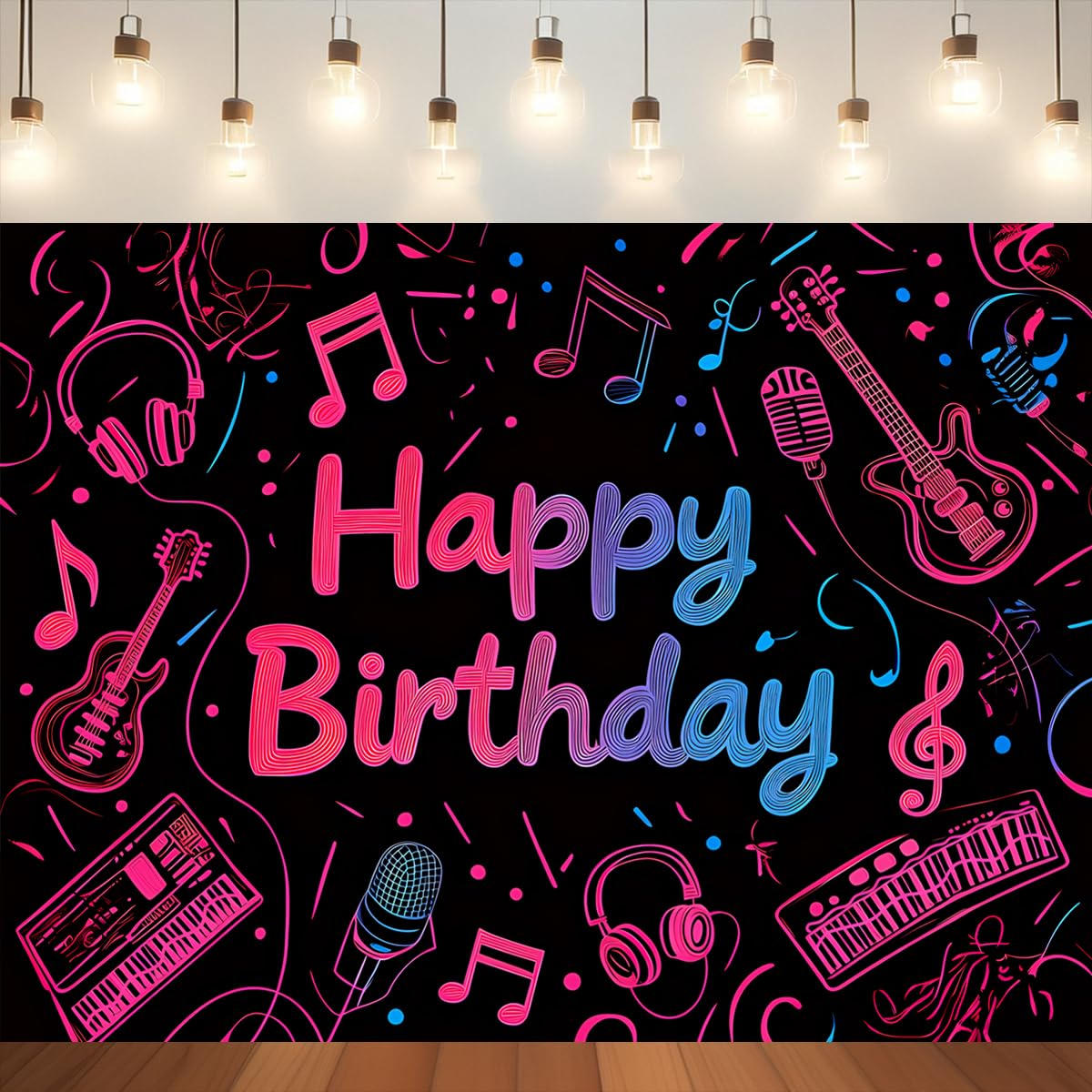 Czarne neonowe tło muzyczne Happy Birthday, dekoracje imprezowe baner instrumenty muzyczne tematyczne tło fotograficzne na przyjęcie urodzinowe ciasto dekoracja stołu