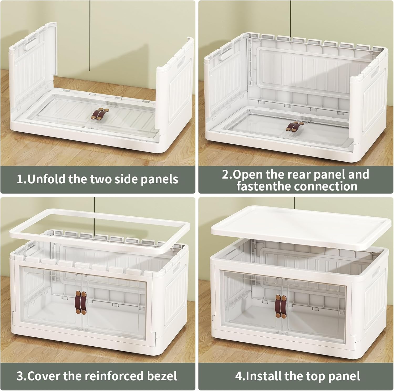 Collapsible Storage Bins with Lids, Leather Handles 92Qt Large 5 Packs Stackable Storage Bin with Lids, Foldable Storage Cabinet for Home, Office, Dorms