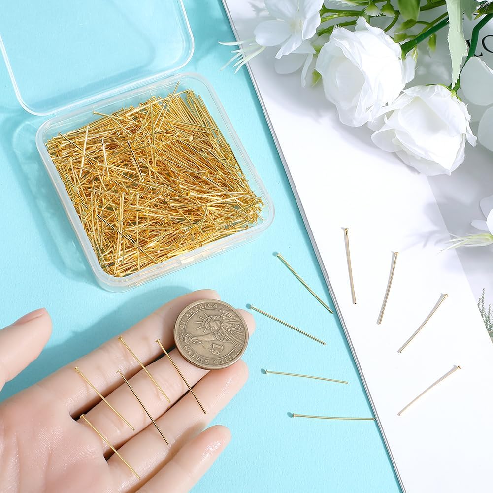 1 Box 600Pcs Fine Straight Pins Sewing Gold Flat Head Pins 30mm Long Flat Headpin Bulk Jewelry Findings for Jewelry Making Accessories DIY Dangle Earring Crafts Women Adult Supplies