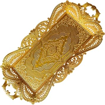 Small Gold Turkish Tea Coffee Serving Tray Table Decor Decorative Handles Rectangle - Gold Rectangular Candle Rustic Farmhouse Home Kitchen Brass Moroccan Style Traditional Fancy Tray Decor