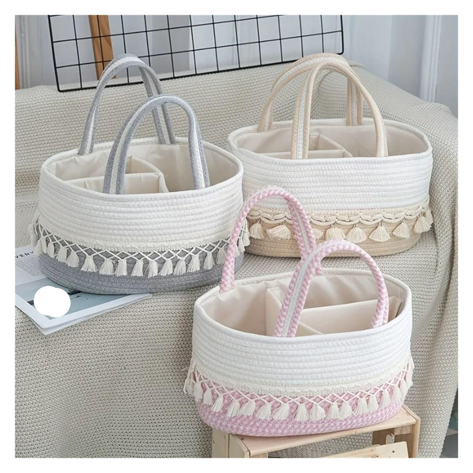 Cesta de almacenamiento con divisor, organizador grande cuerda tejida para Dormitorio(Gray)