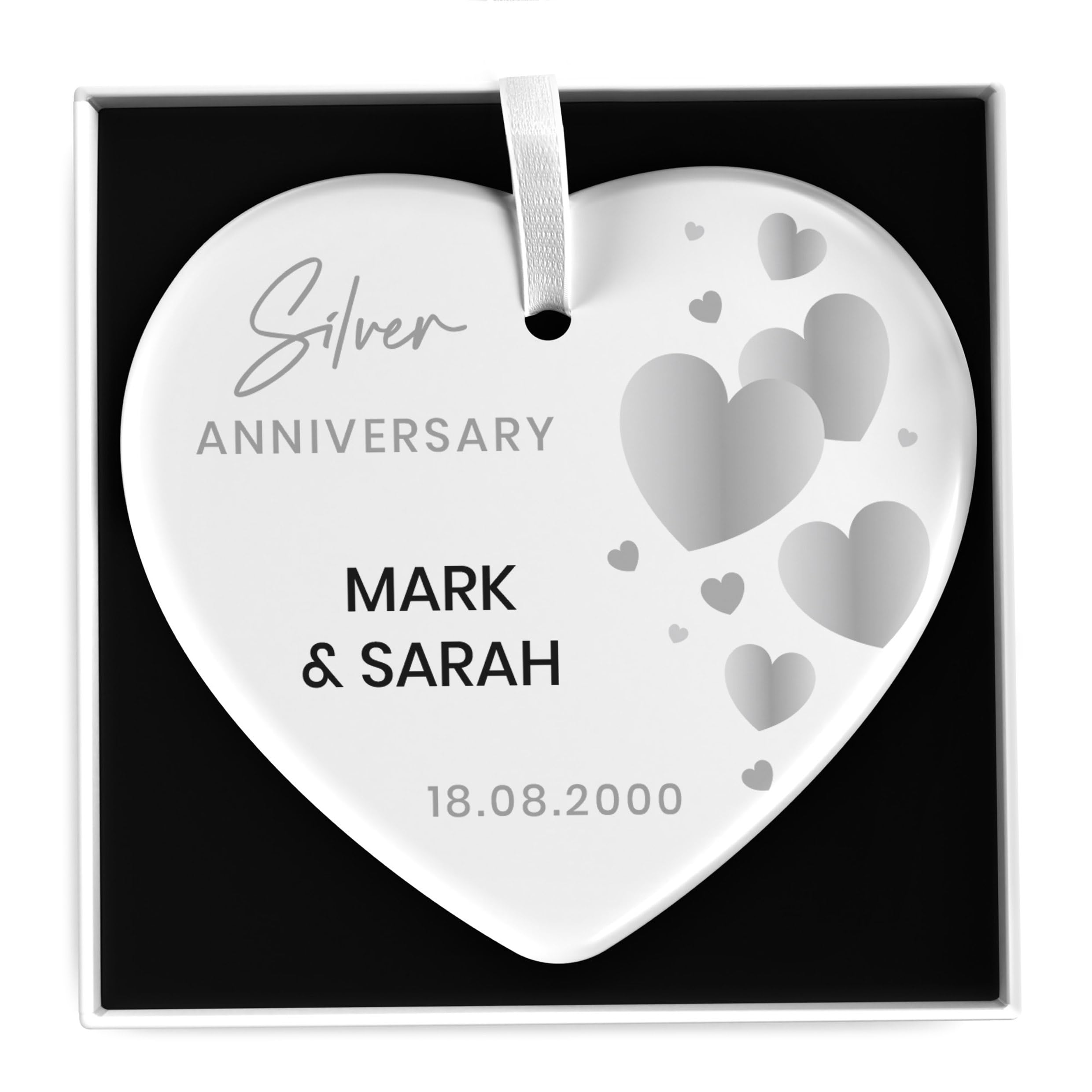 Beecreative Personalised 25th Silver Anniversary Gifts For Husband, Wife, Couple - 25 Years Anniversary - Silver Wedding Anniversary Keepsake - Ceramic Ornament With Gift Box