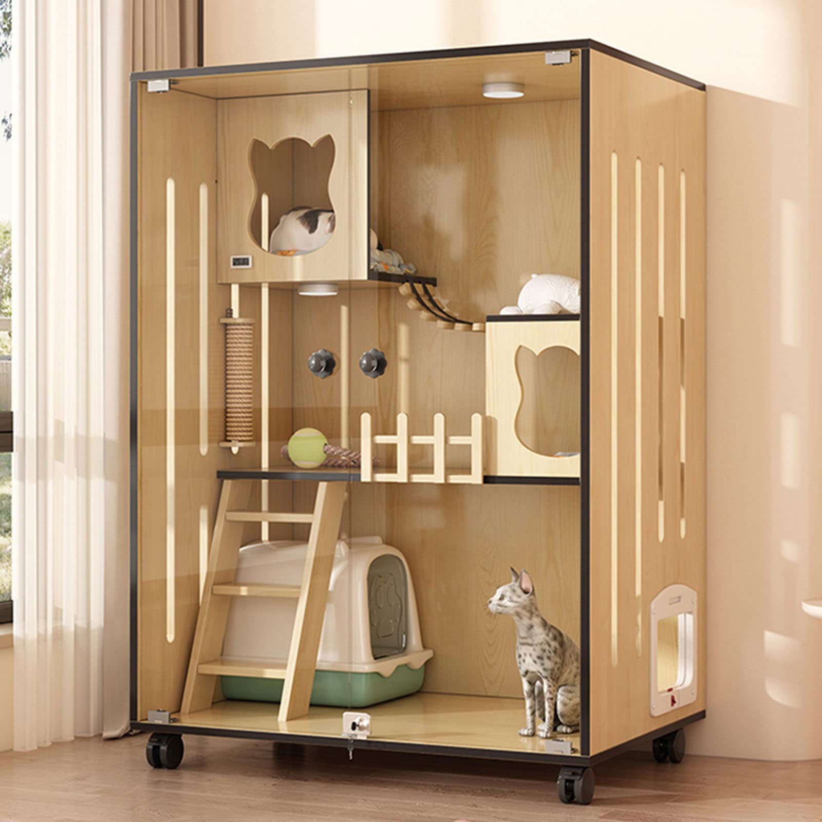 Recinzione per gatti in legno, grande, per interni ed esterni, con porte di fuga e rotelle, gabbia per gatti chiusa multi-funzione, per casa o negozio di animali domestici