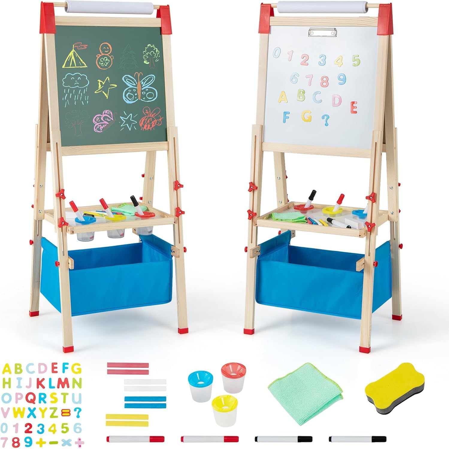 RELAX4LIFE 3 en 1 Caballete Pintura Infantil con Pizarra Magnética, Pizarra Blanca, Rollo de Papel y 56 Accesorios de Pintura, Pizarra Infantil Caballete con Altura Ajustable para Niños 3-8 Años