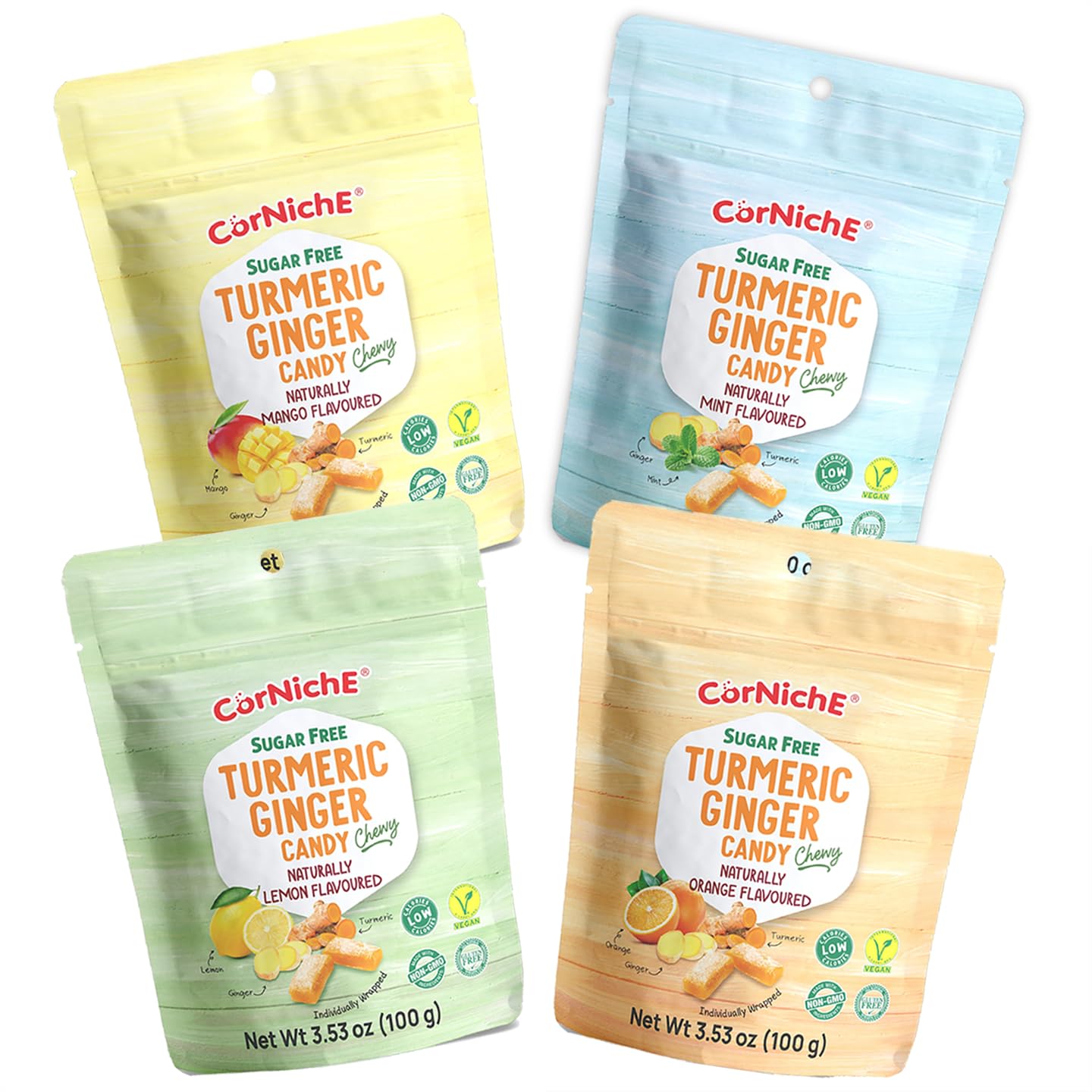 CORNICHE Sugar Free, Turmeric Ginger Candy Chewy, 4 Flavor Mix "Orange, Lemon, Mint And Mango". (Pack of 1)