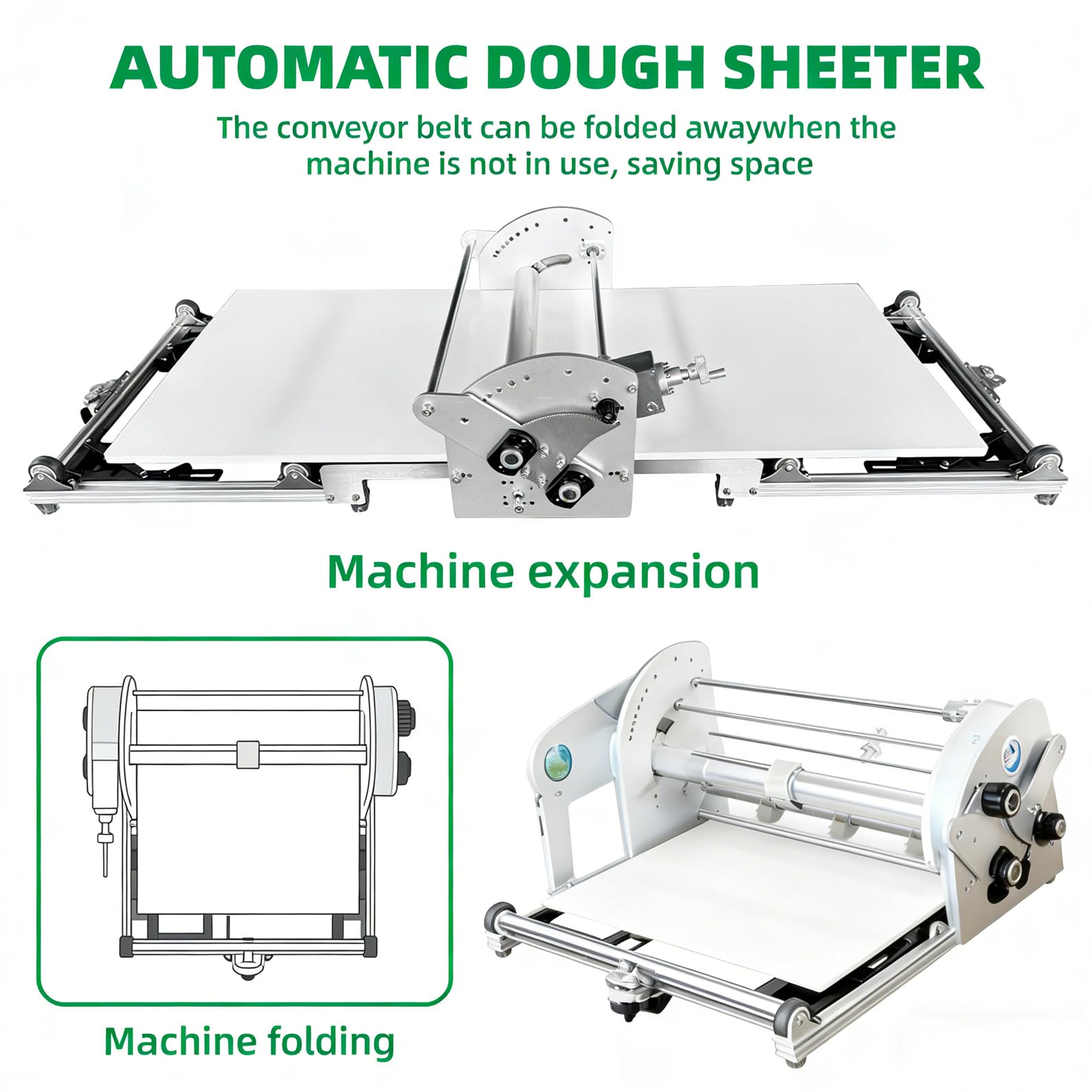 Macchina per La Pasta Elettrica, Sfogliatrice Automatica per Pasta Sfoglia, Struttura in Acciaio Inox, Spessore Da 2 a 30 Mm Controllo, Con Tagliere Da 40×17,7 Pollici per Croissant, Pasta Fresca