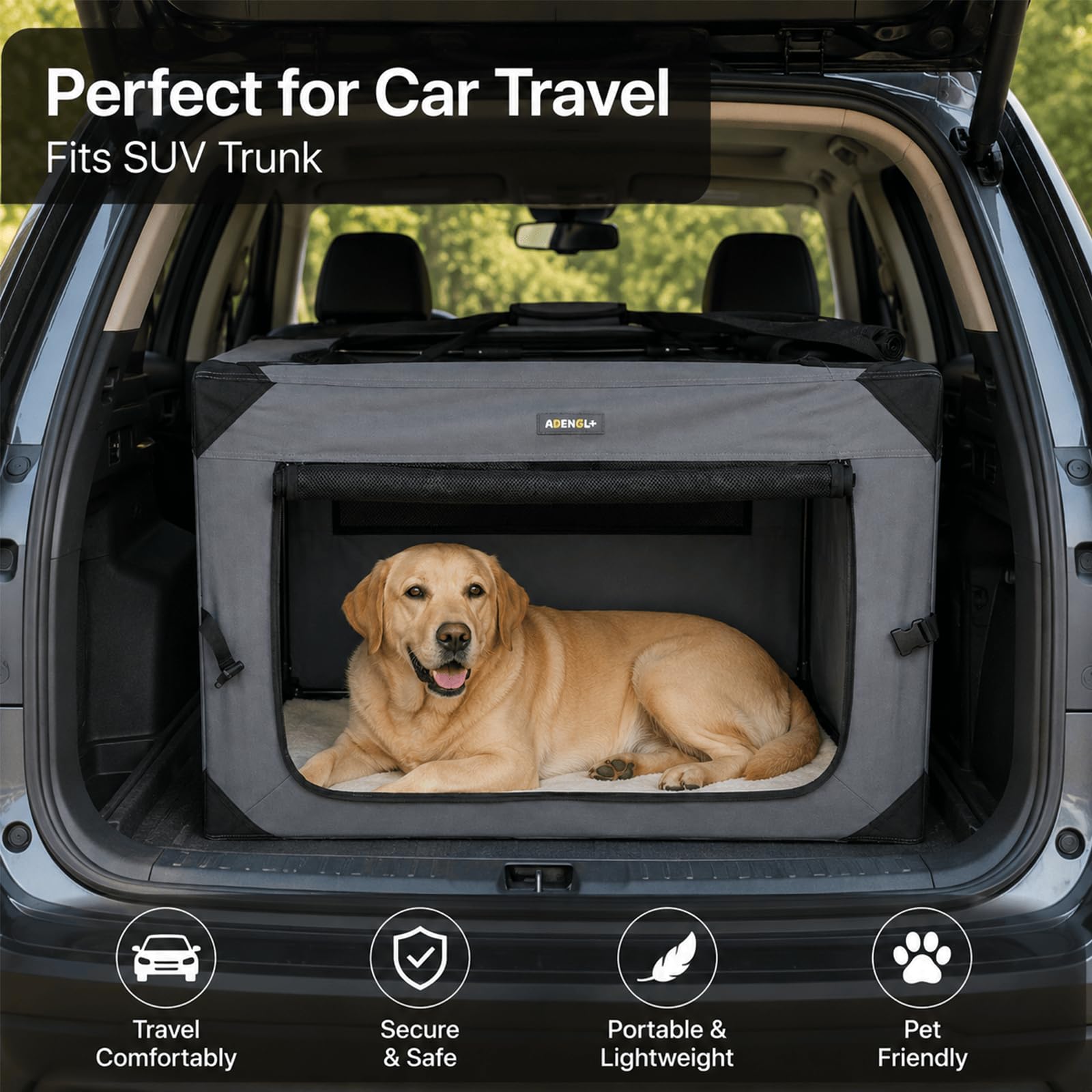 Gabbia per cani da viaggio pieghevole da 91 cm, portatile con tappetino in peluche, coperta morbida e ciotola pieghevole, uso interno ed esterno, facile da installare e piegare, adatta per razze