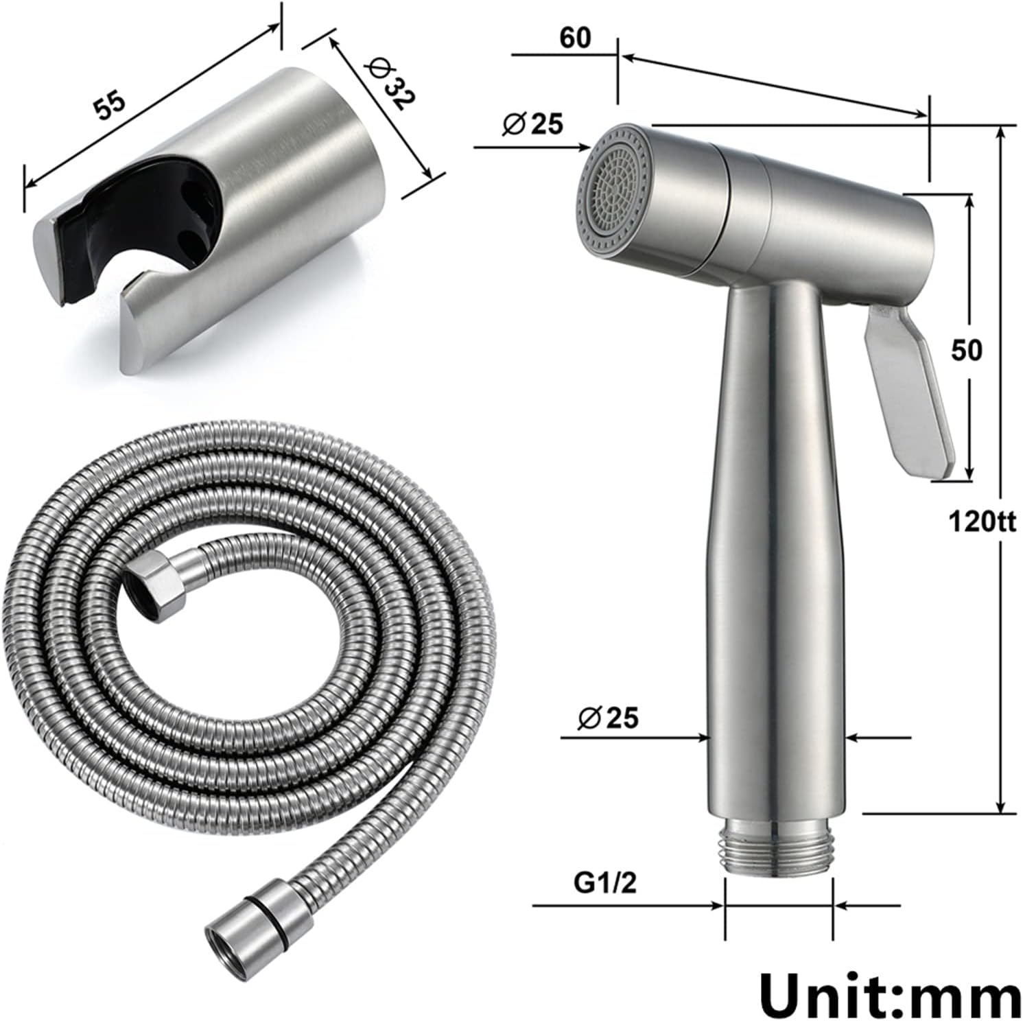 Handheld Bidet Sprayer Kit, Stainless Steel Brushed Nickel Sprayer Toilet Bathroom Shower Head with 59-inch Hose and Wall Holder Set for Pet Bath/Personal Hygiene/Closestool