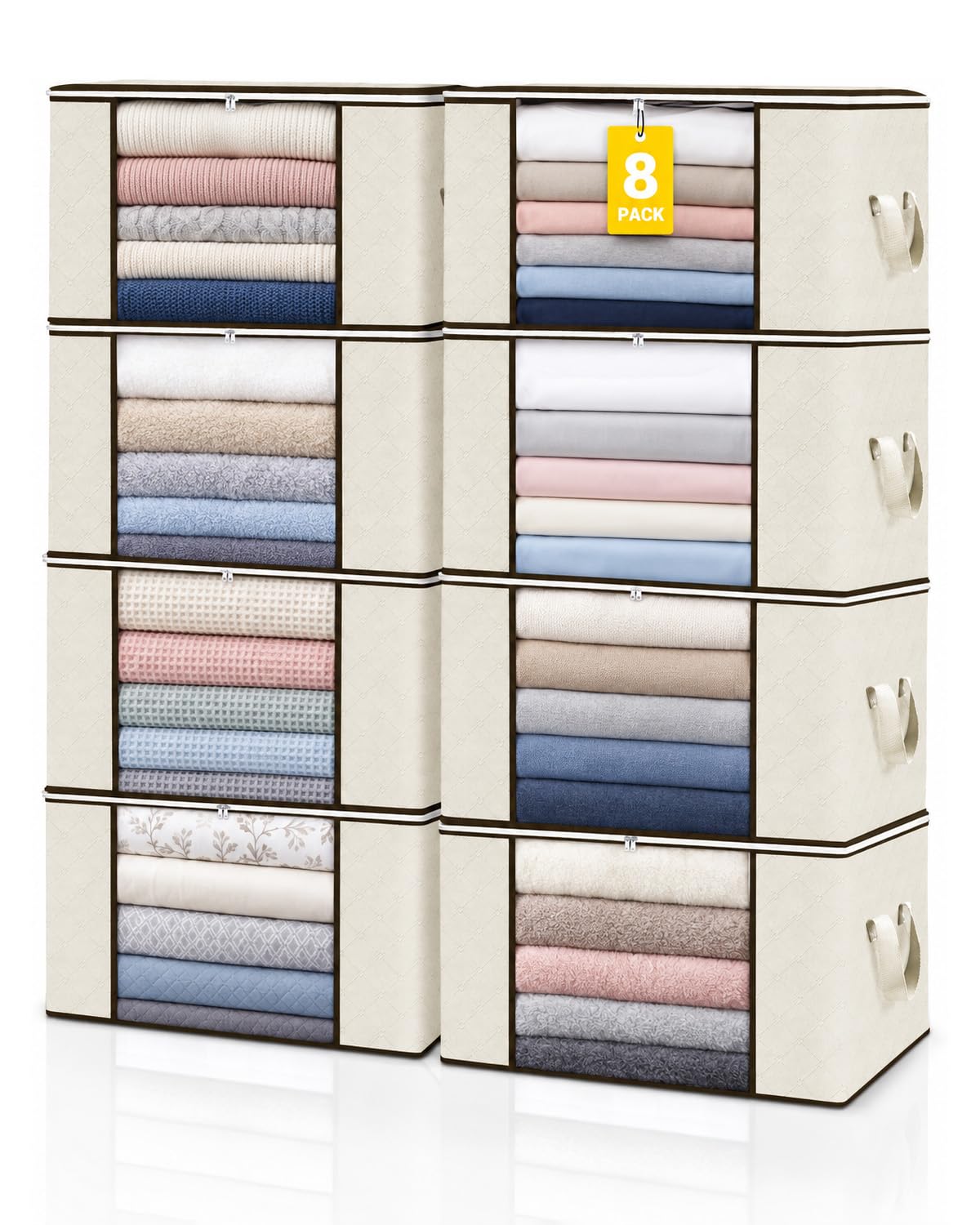 KALAHOL 90L Large Capacity Clothes Storage Bags with Zips, Storage Boxes with Lids, Reinforced Handle, Foldable, Thick Fabric, for Clothes, Comforters, Blankets, Bedding, 8 Pack, Beige โ image 1