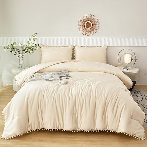 Miniatura 2 de PERFEMET Juego de edredón beige de 5 piezas, tamaño Queen, bohemio, con flecos y pompones, con sábanas, edredón ligero y suave, color crema en una