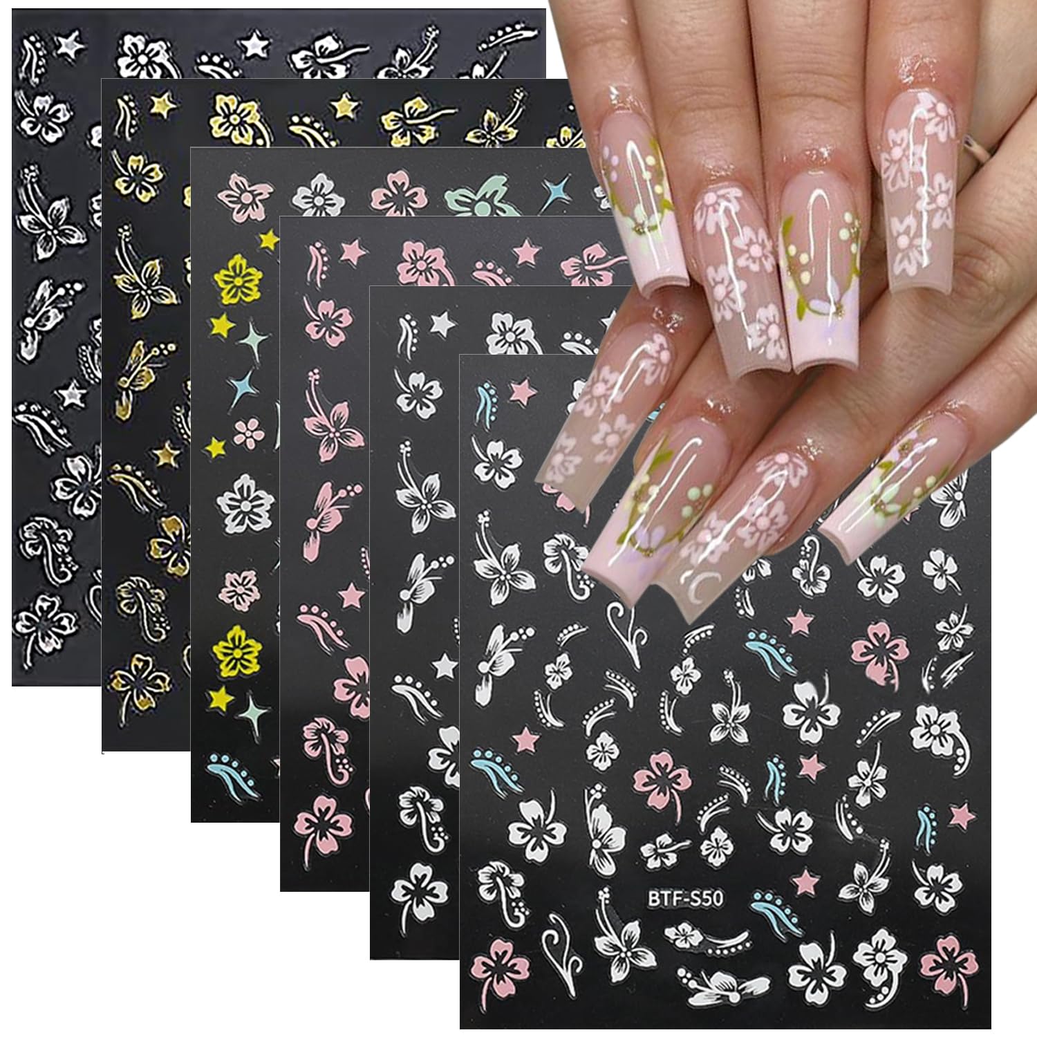 6 Sheets Hibiscus Flower Nail Stickers Decal 3D Nail Art Stickers Self-Adhesive Colorful Flower Spring Nail Decals Pink White Nail Design Flowers
