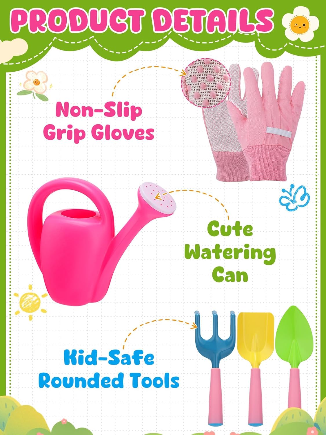 Biubee Pink Gardening Tools Set for Girls - Sturdy Kids Watering Can Toy Set with Metal Shovel Hand Rake Kids Gloves, Toddler Gardening Kit Garden Toys for Outdoor Beach Sand Toy Gift