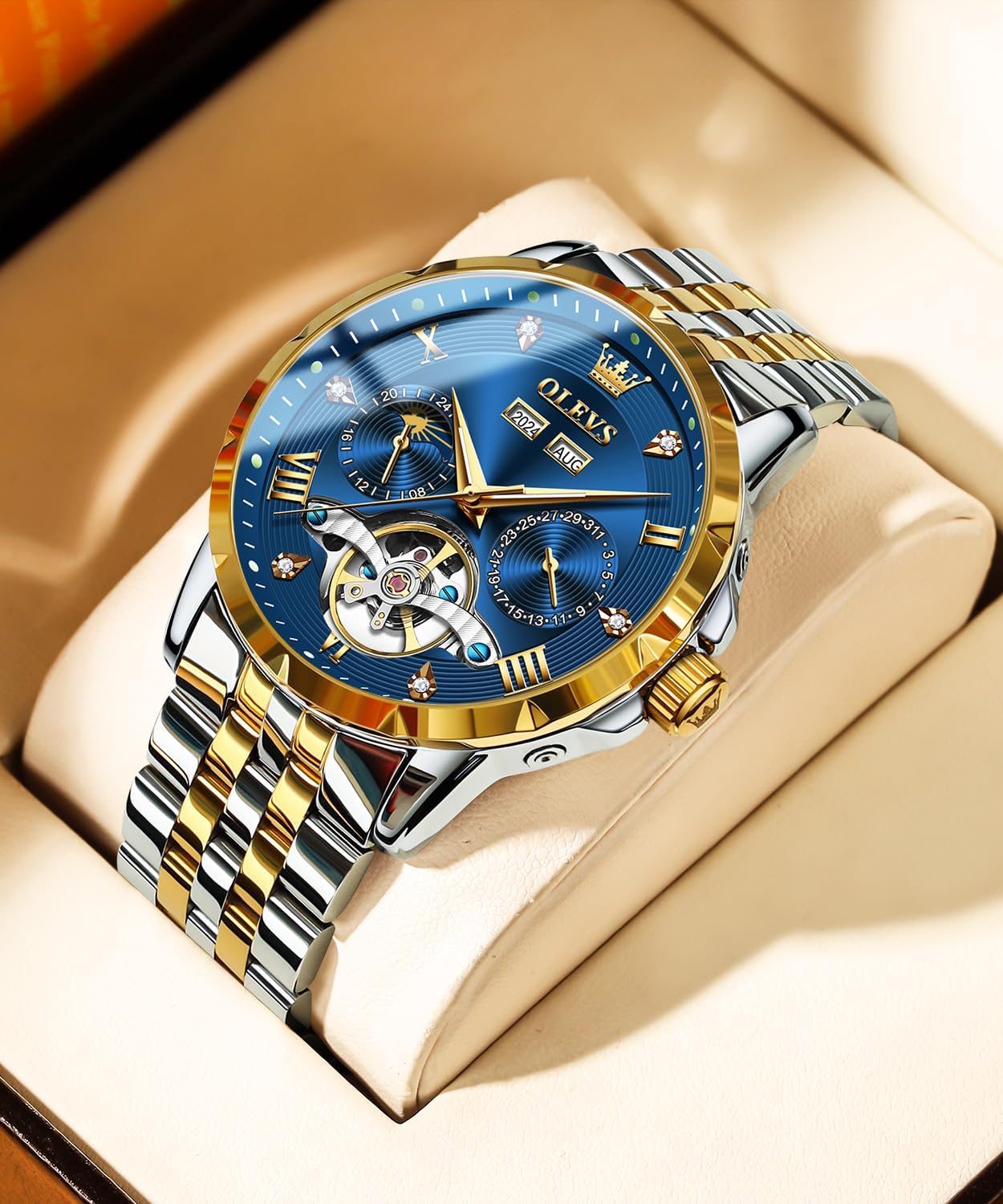 OLEVS Mens Automatic Watch Luxury Dress Diamond Self Winding Skeleton Tourbillion Stainless Steel Original Watches for Men - Image 4