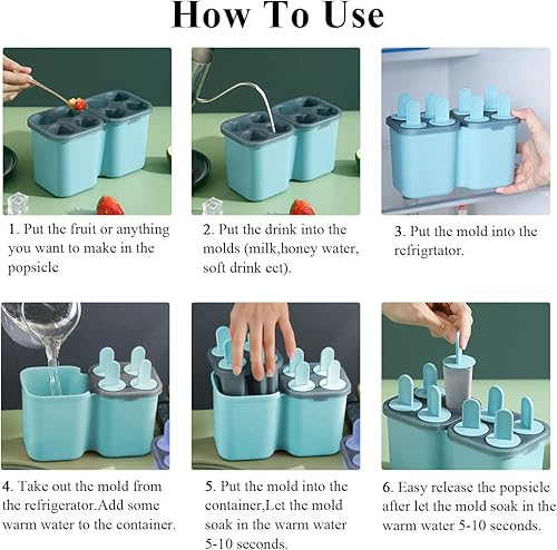 Vista 13 de HOMQUEN Moldes para paletas de hielo, 8 piezas, molde reutilizable para helado de fácil liberación para niños, moldes de paletas caseras de muchas