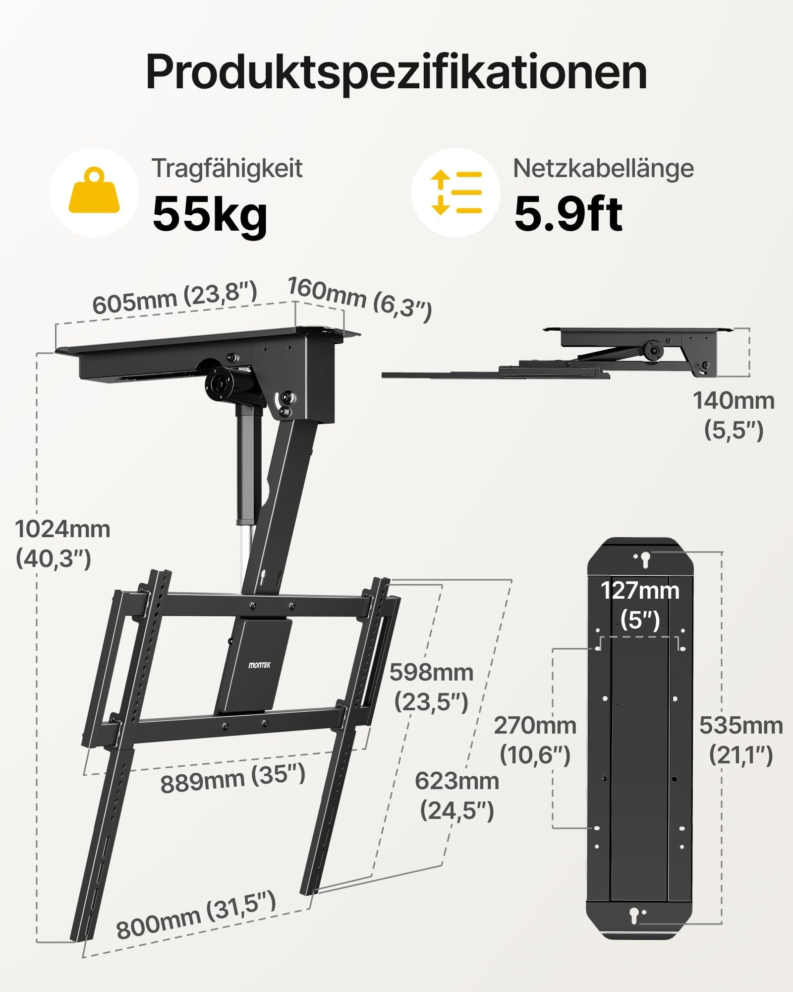 monTEK TV Deckenhalterung Elektrisch für 43-86 Zoll bis 55kg, VESA 800x400 | Fernbedienung/App/Sprachsteuerung, Klappbar Fernsehhalterung für Außermittig Angebrachte TV, für Flache/geneigte Dächer