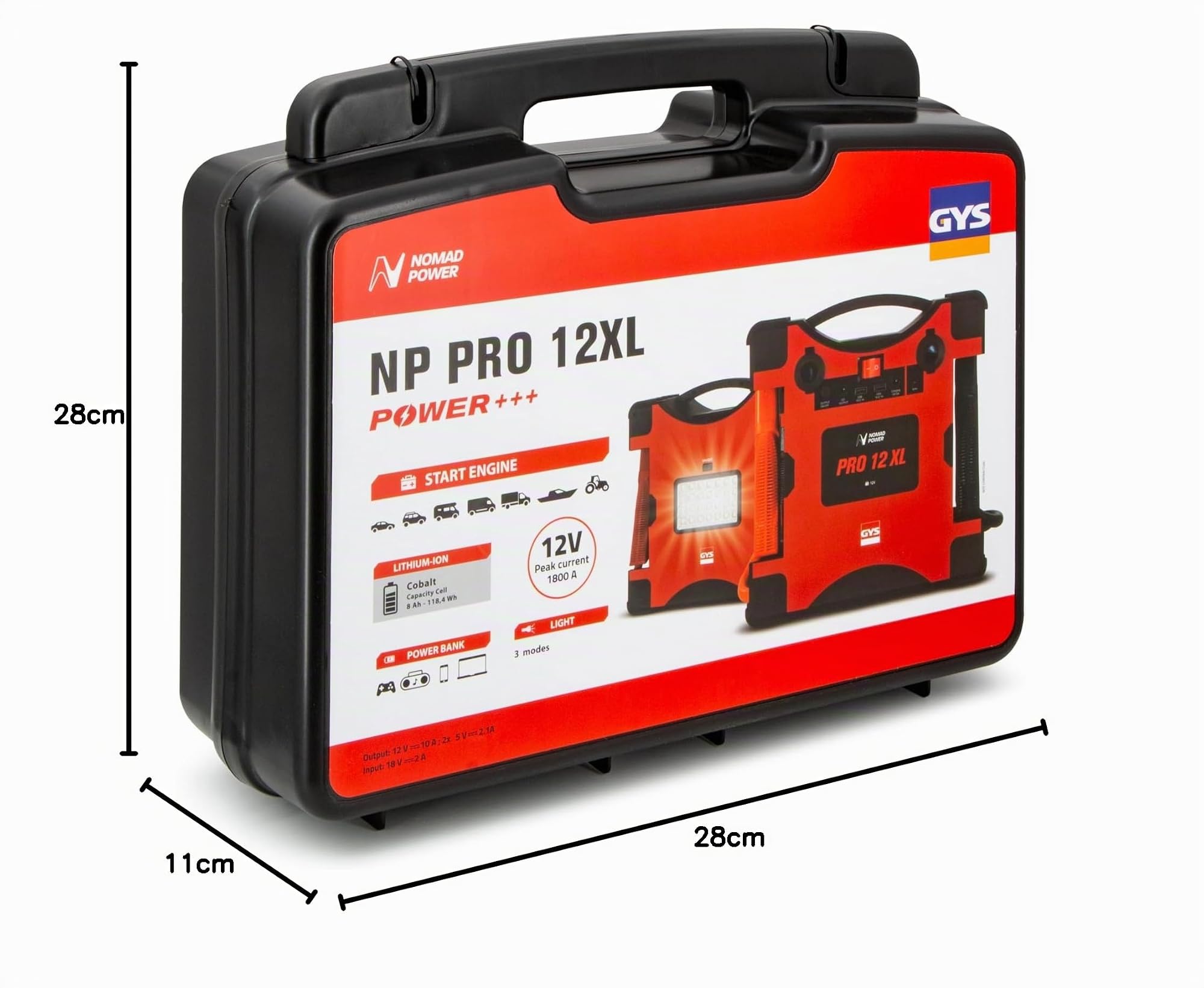 GYS, Nomad Power Pro 12 XL, Démarreur/Booster Batterie Lithium Portable 3000A, Véhicules 12V (Moto, Voiture, Tracteur), Démarrage Sécurisé, Batterie Externe 8Ah (PowerBank), Lampe LED, Ecran LCD