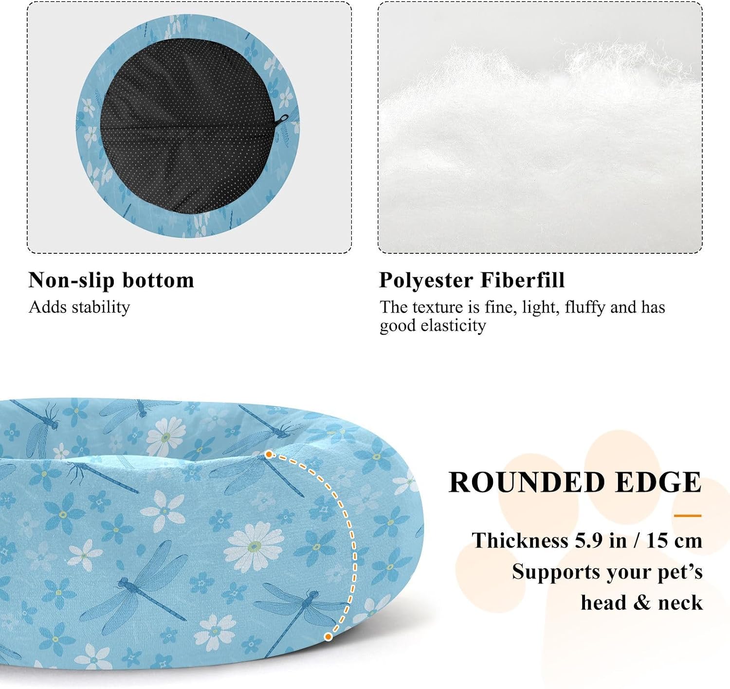 Pet Dog Beds Calming Anti Anxiety Fluffy Cat Pillow Bed for Small Size Pets Sleeping M Dragonfly Flower