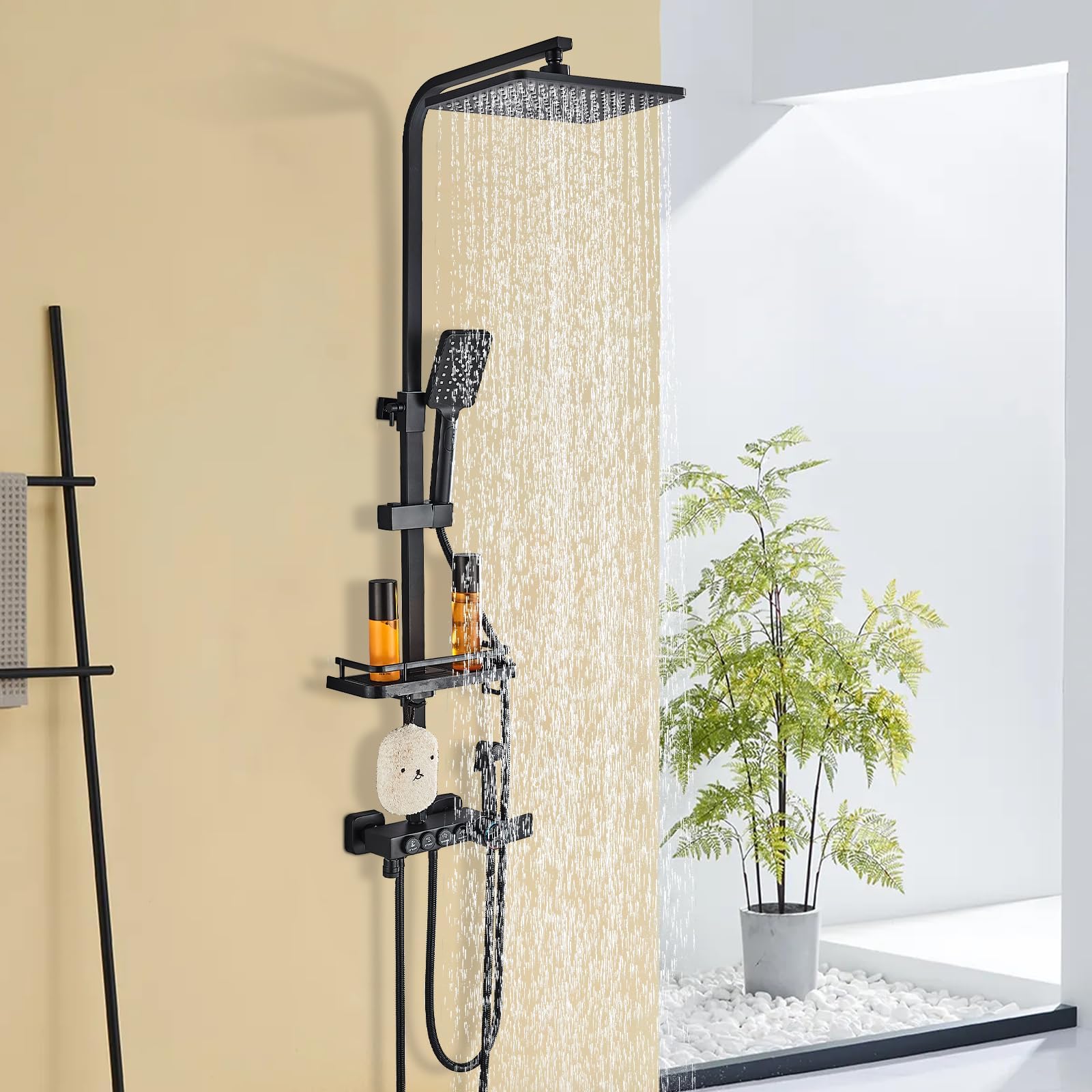 MOSSON Shower System Black Shower Fixtures with 3 Functions Handheld Shower Head +Tub Spout+Bar Soap Dish+Bidet Sprayer, Outdoor Shower Fixture Combo System Unit System Set
