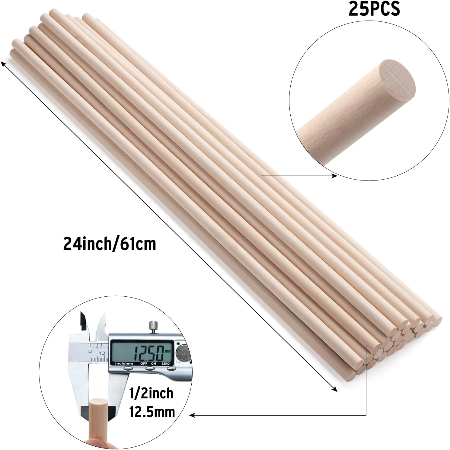 wood dowels wooden dowel rods for crafts, 25pcs 1/2 x 24 round macrame wooden sticks for crafting, unfinished hardwood sticks for arts and diyers, tiered cake support and wedding ribbon wands 1/2"×24"-25pcs