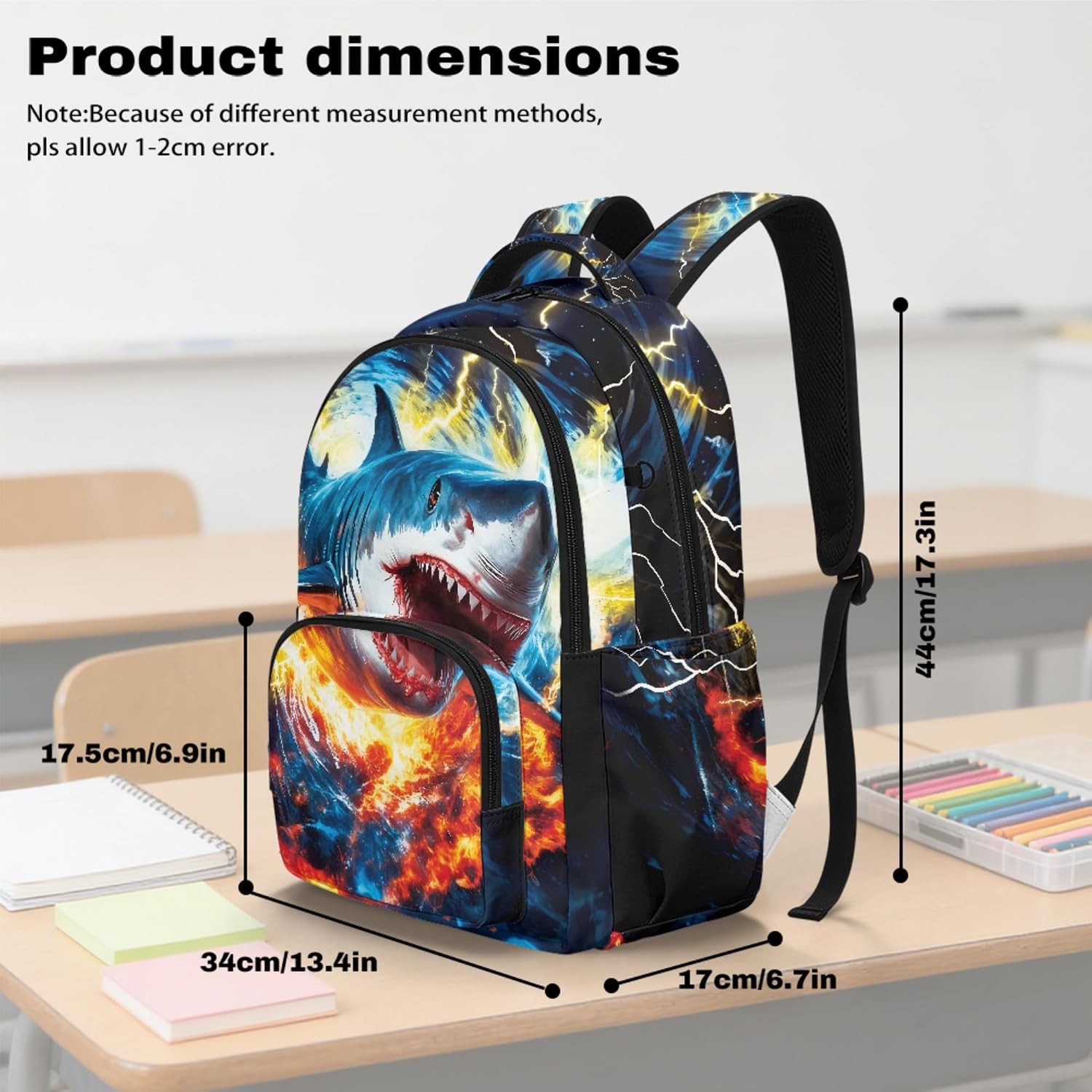 Amzbeauty Cool Animal Backpack With Lunch Box Fire Lightning Shark Print Large Capacity Bookbag And Lunch Bag Set For Elementary Student School Bag