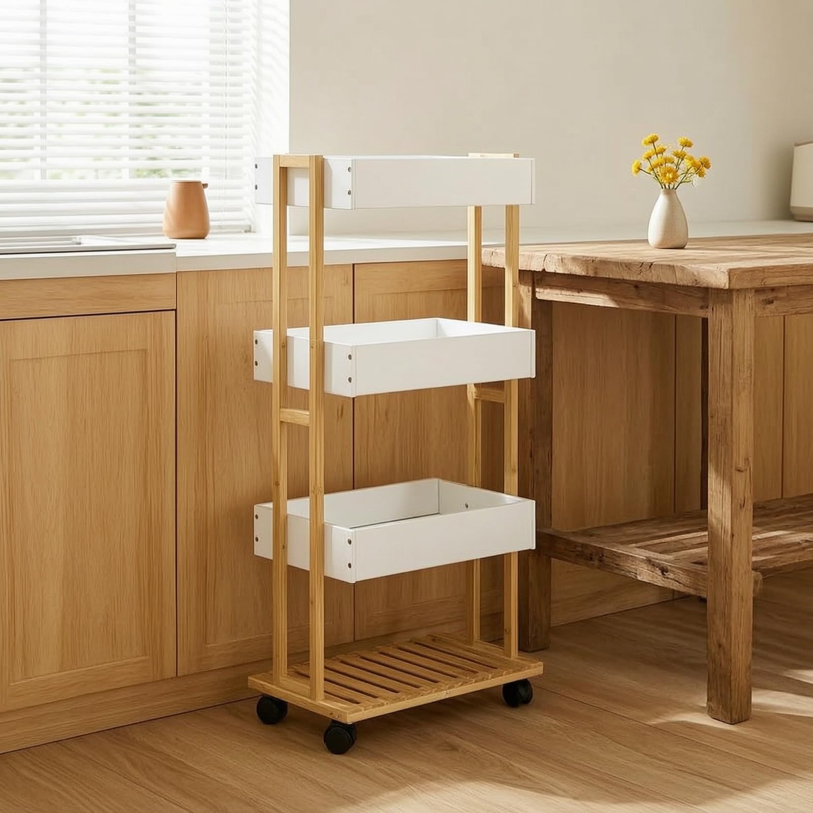 Amagogo Carrello Portasciugamani in Bambù con Ruote Carrello Multiuso Scaffale Verticale Carrello da Servizio Vassoi Rettangolari in Plastica E Ripiano
