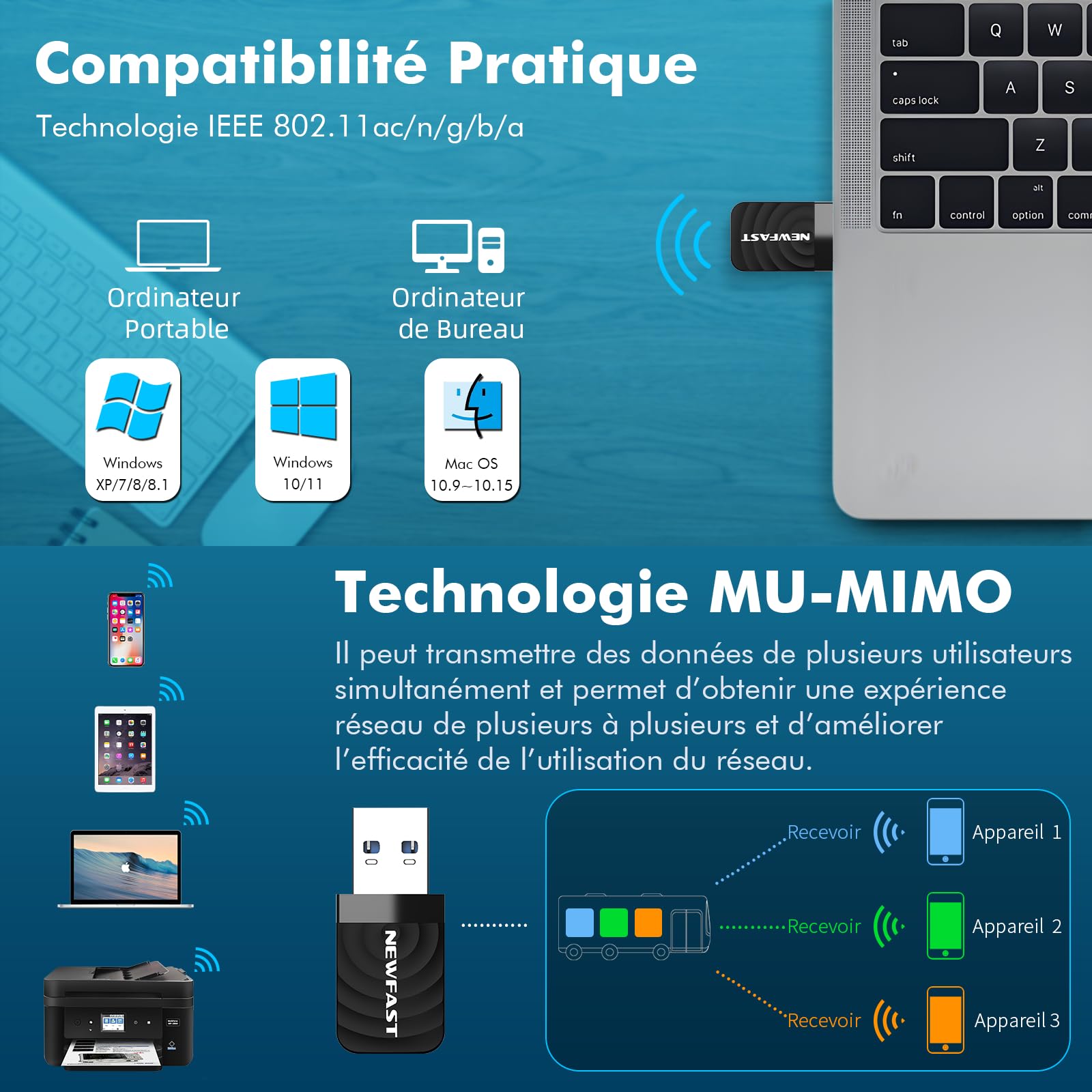 NEWFAST Clé WiFi AC1300 Mbps NF-U323, Nano Adaptateur USB WiFi Double Bande 2.4G/5GHz, MU-MIMO USB 3.0