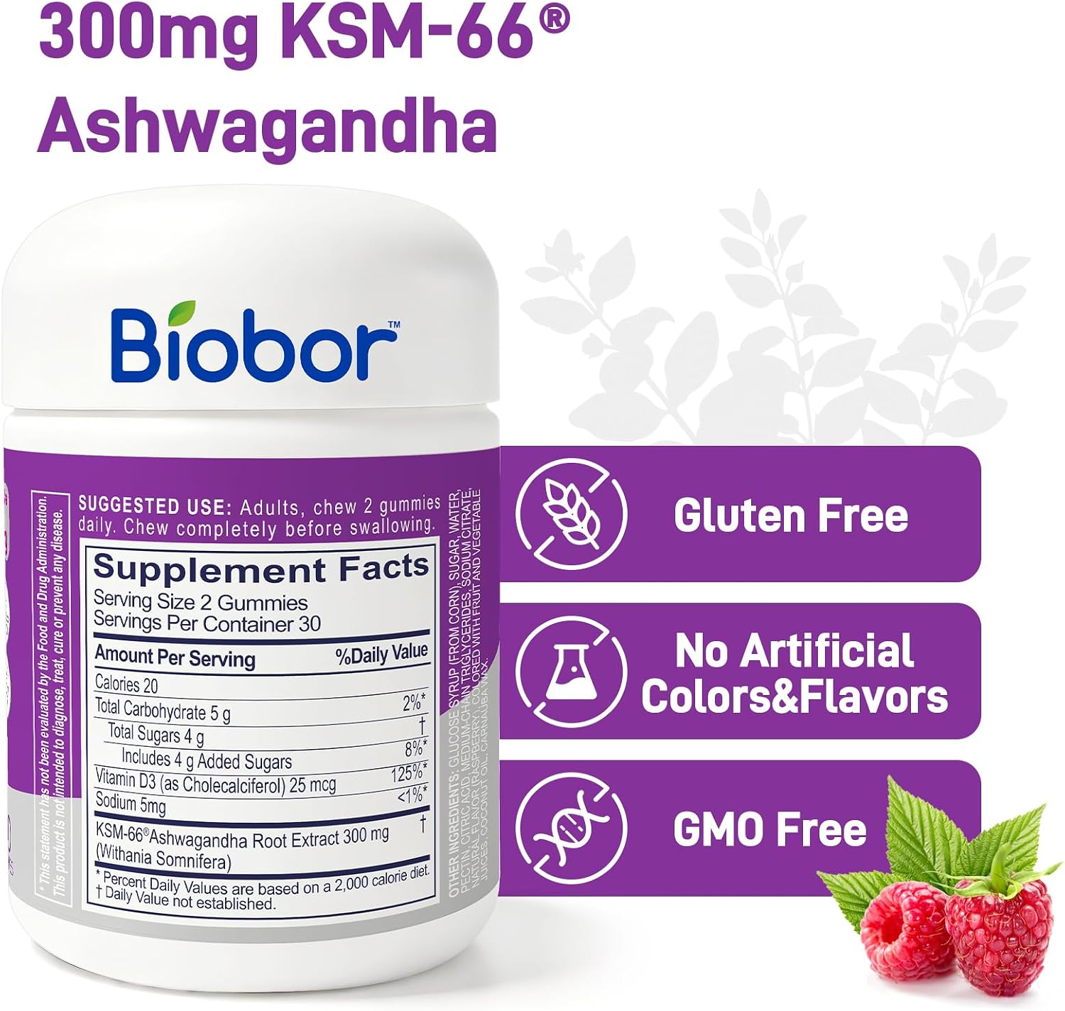 Biobor Ashwagandha Gummies, 300mg KSM-66 Ashwagandha, Vitamin D3, 60 Ct