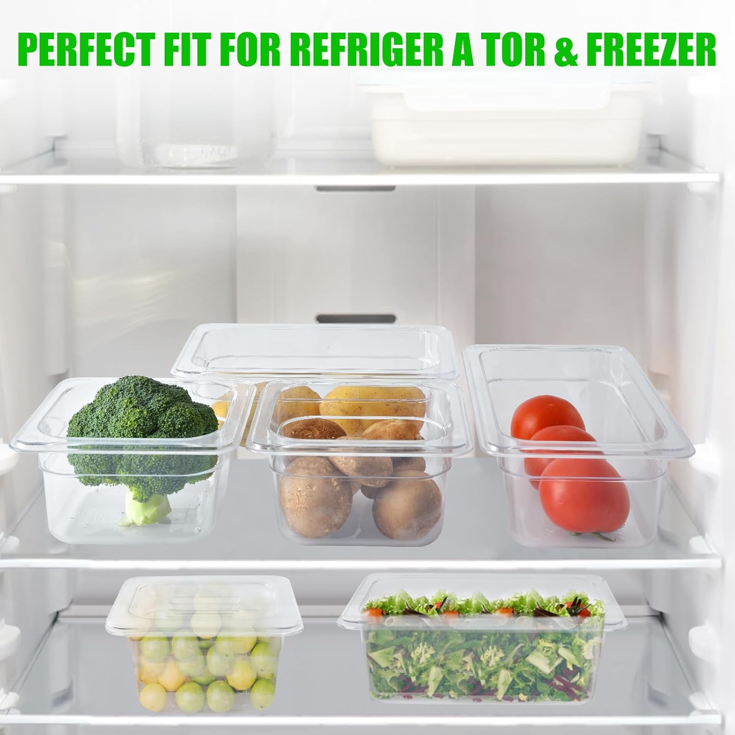 A stackable food storage solution for refrigerators and freezers.