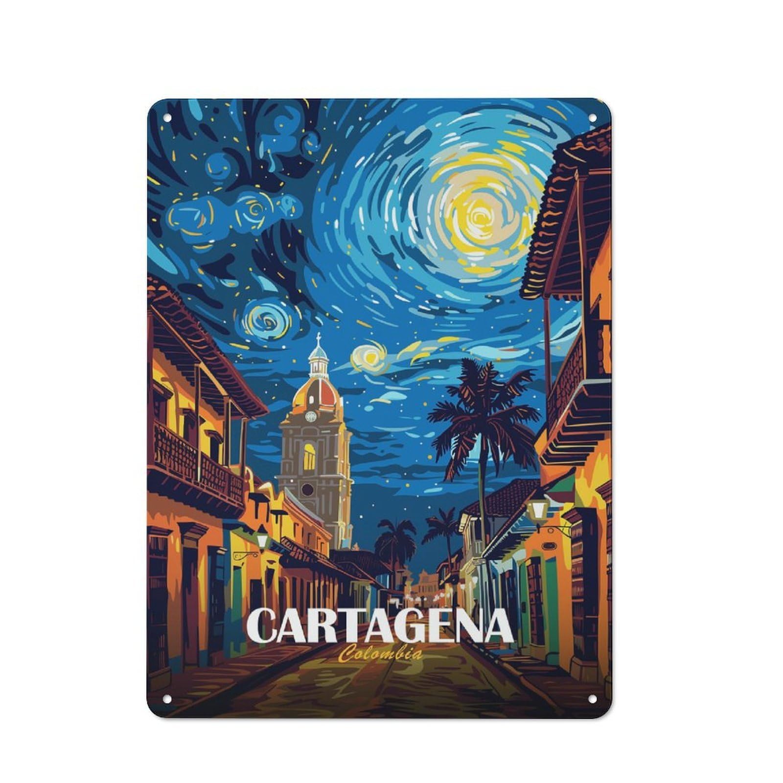 Cottage Style Cartagena Colombia Starry Night Cityscape Decorative Tin Sign 40x30cm, Rustic Kitchen Decor for Kitchen, Cottage, Porch Or Garden Room