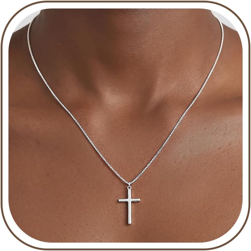 S925 Sterling Silver Necklace for Women, Box Chain Cross Pendant