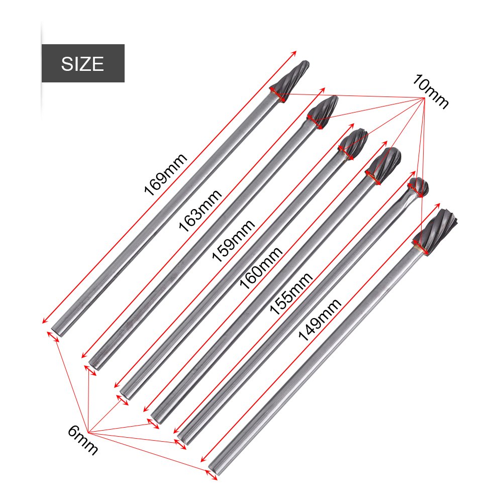 Walfront 6pz 6mm Set di Frese in Acciaio al Carburo di Tungsteno Rotante Lime Testa di Taglio Utensi per la Lavorazione del Legno di Perforazione Intaglio Incisione 10mm