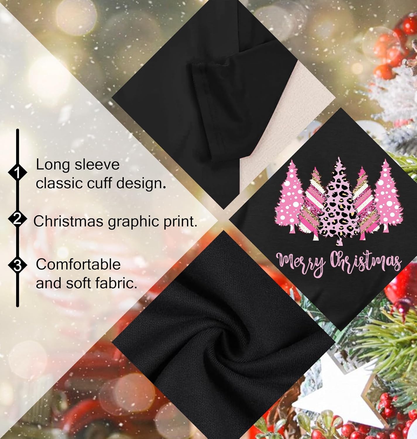 Christmas Shirts for Women: Merry Christmas Letter Print T-Shirts Xmas Tree Graphic Long Sleeve Tops - Image 5
