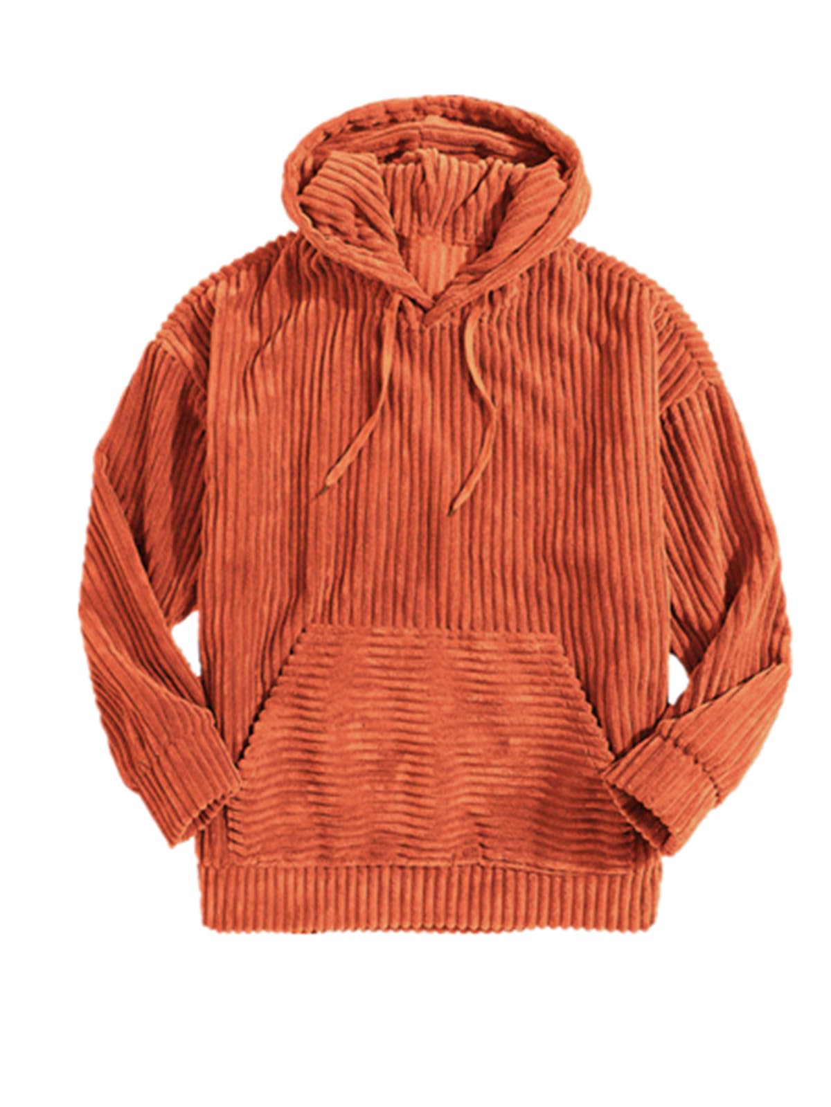 Corduroy Hoodies for Men, Fall Winter Long Sleeve Patchwork Hooded Sweatshirt Drawstring Casual Pullover Sweater