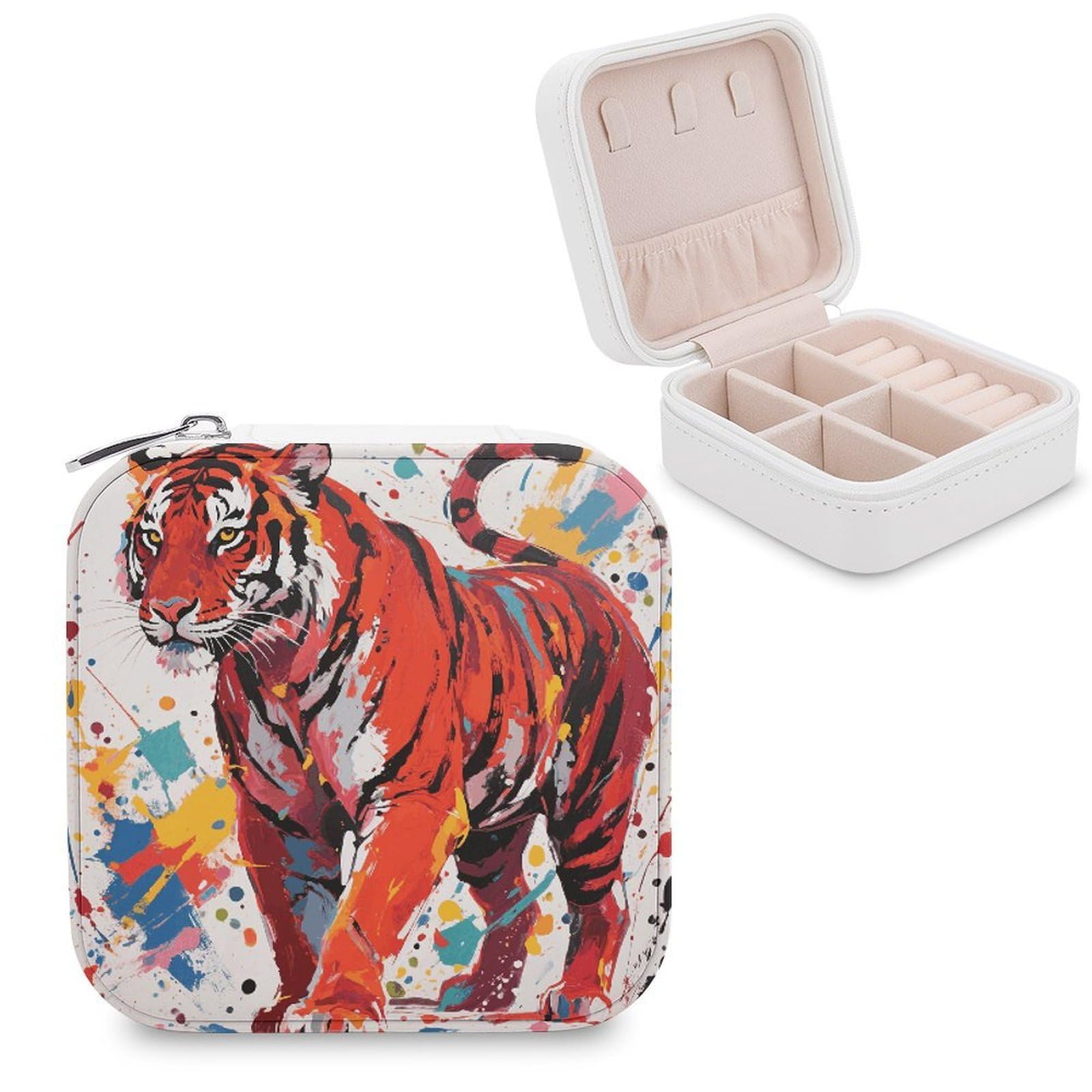 FekiLoot Abstract Tiger Jewelry Case Personalized Leather Jewelry Box Mini Travel Jewelry Case Small Portable Jewelry Organizer for Ring Earrings Necklace Bracelet