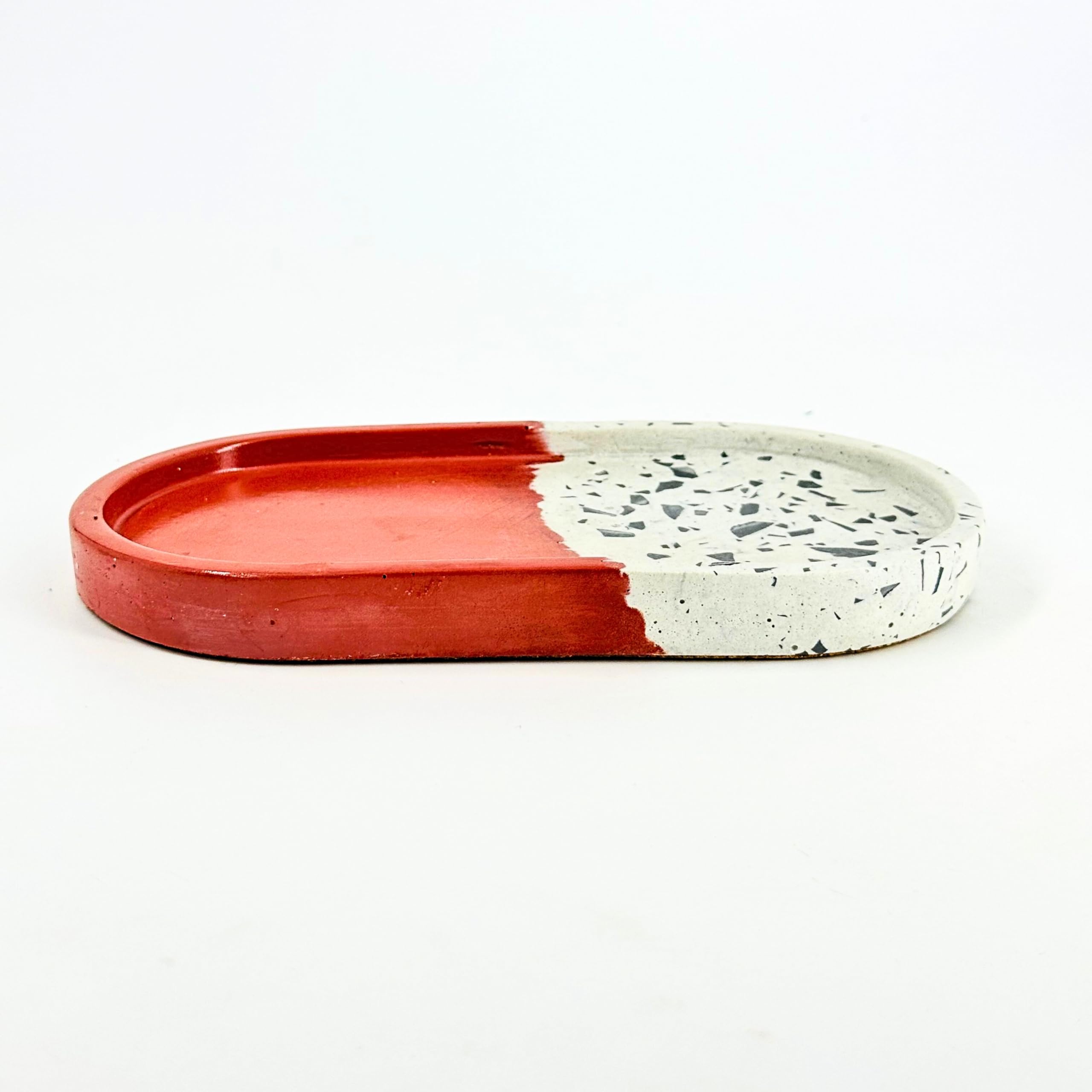 Hand Made Trinket Concrete Tray Bathroom Countertop Vanity Kitchen Coffee Table Jewelry Organizer Marble Stone Small Plant Décor – Red & White Chips-image-23