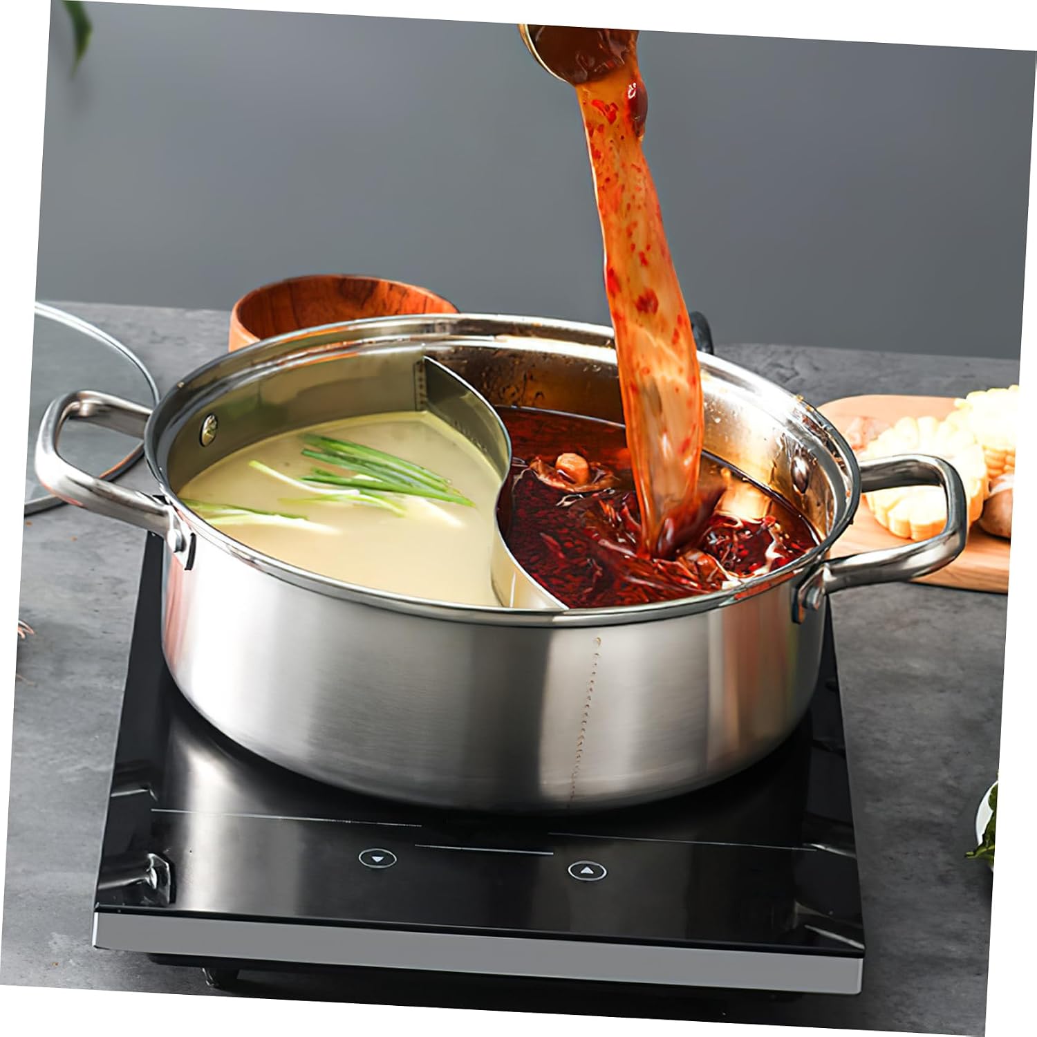 LIFKOME Stainless Steel Hot Pot Soup Pot Lid Induction Cooker Compatible Non-stick Dishwasher Safe