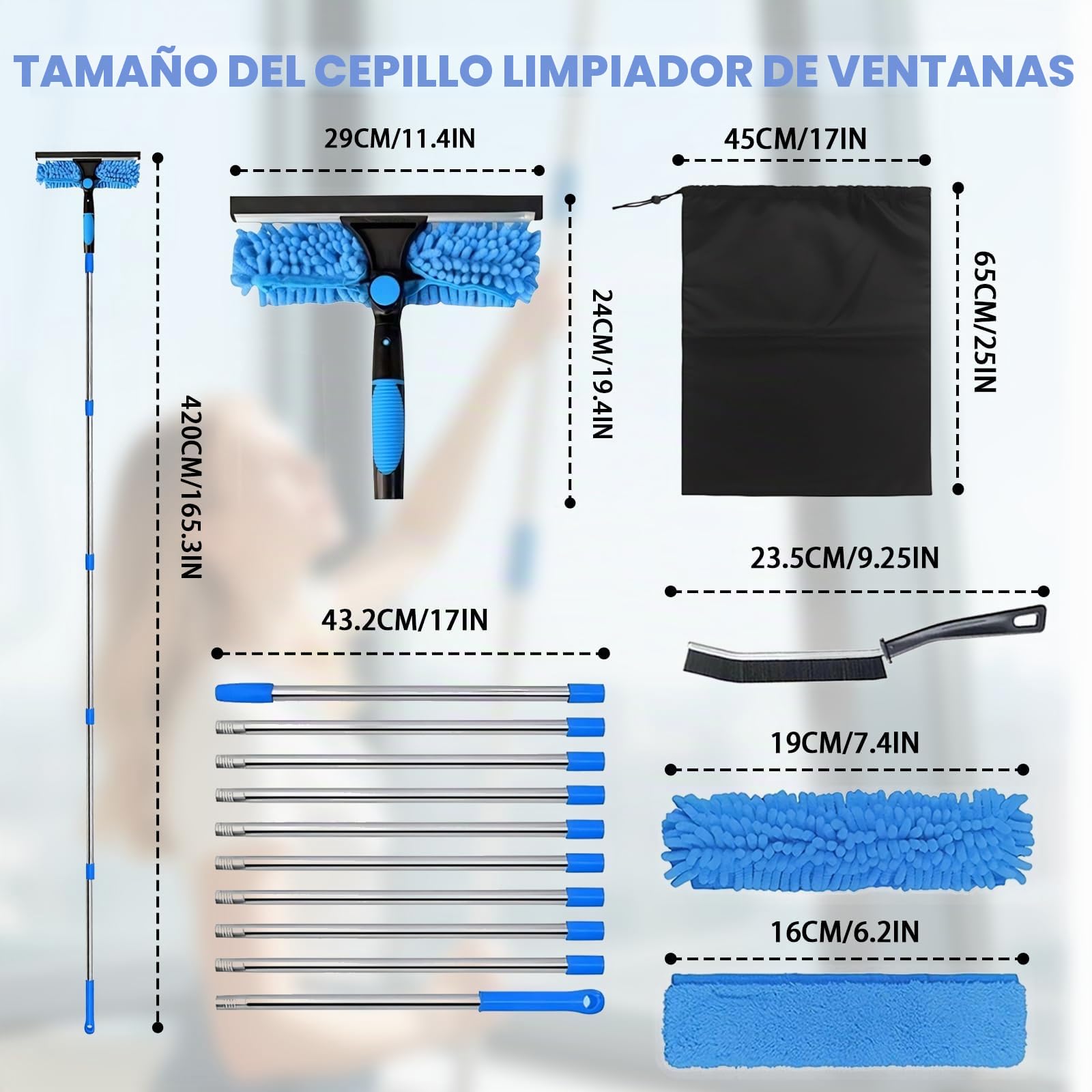 4,3 M Limpiacristales con Mango Extensible, Barra Telescópica 2 en 1, con 10 Palo, 2 Cepillo para Limpiar Juntas y 3 Paños de Microfibra y 1 Bolsa de Almacenamiento, para Ventanas Altas, Hogar, Pared