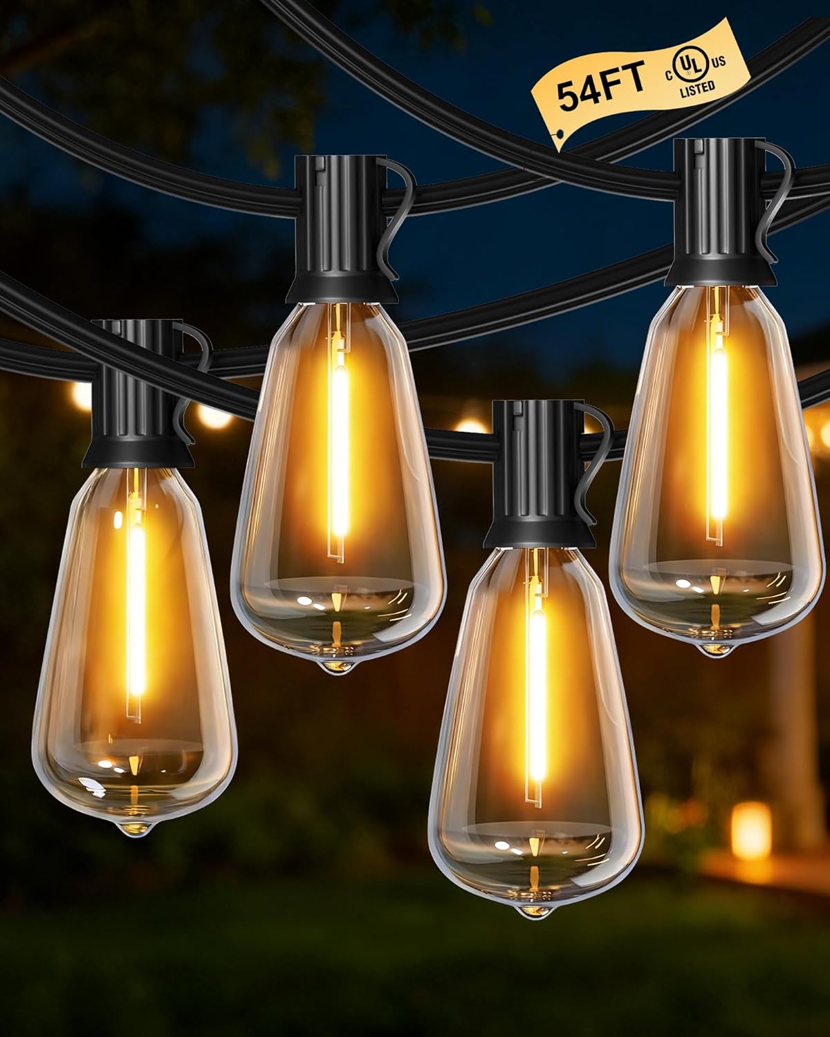 54FT Outdoor String Lights Waterproof, Dimmable LED Patio String Lights with 15+1 ST38 Bulbs Shatterproof, Warm White 2700K Outside Hanging Lights for Patio, Backyard, Garden, Party, Wedding