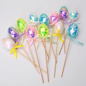 Easter Egg Picks Pack of 12 Disco Ball Glitter Easter Eggs Pastel Colours with Ribbons Sparkle Egg Sticks for Easter Decorations Easter Tree Centrepiece DIY Crafts Party Supplies