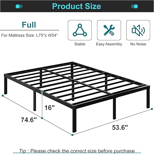 Miniatura 2 de Marco de cama de tamaño completo, no necesita somier, marco de cama de plataforma de metal resistente de 16 pulgadas de tamaño completo, soporte