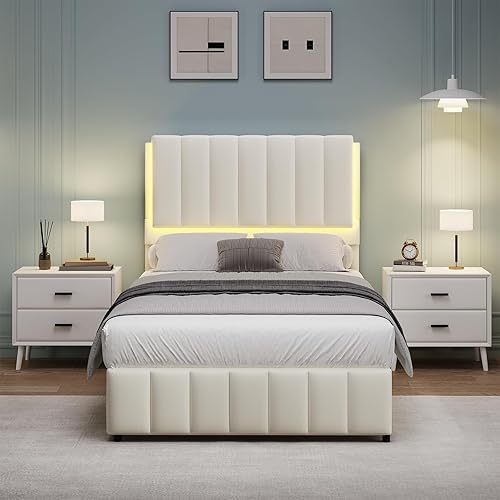 Base de cama tapizada individual con luces LED, plataforma de piel sintética con cabecera y soporte de listones de madera, no necesita somier, sin