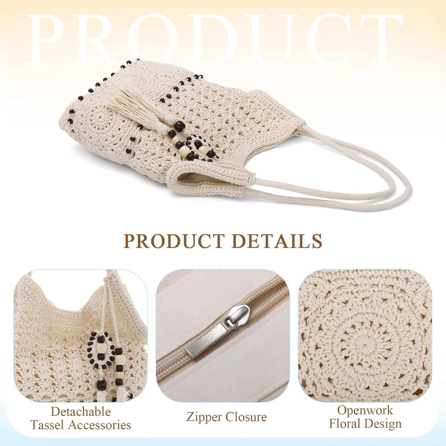 GOKTOW Crochet Shoulder Bag for Women Summer Beach Tote Bags Handwoven Cotton Hobo Vacation Purse with Tassel