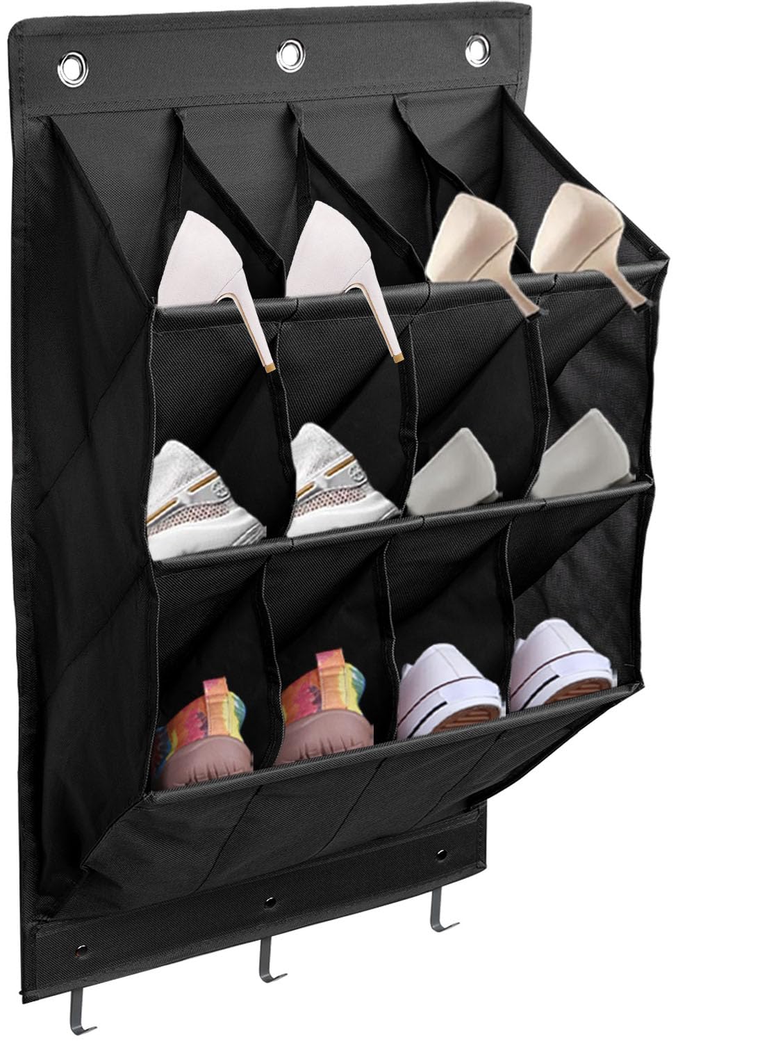 OFC Lenw Over The Door Shoe Storage, Hanging Shoe Rack with 12 Deep Pockets, 600D Oxford Heavy Duty Shoe Storage Organiser, Space Saving Large Overdoor Organizer for RV Closet Bedroom (Black)